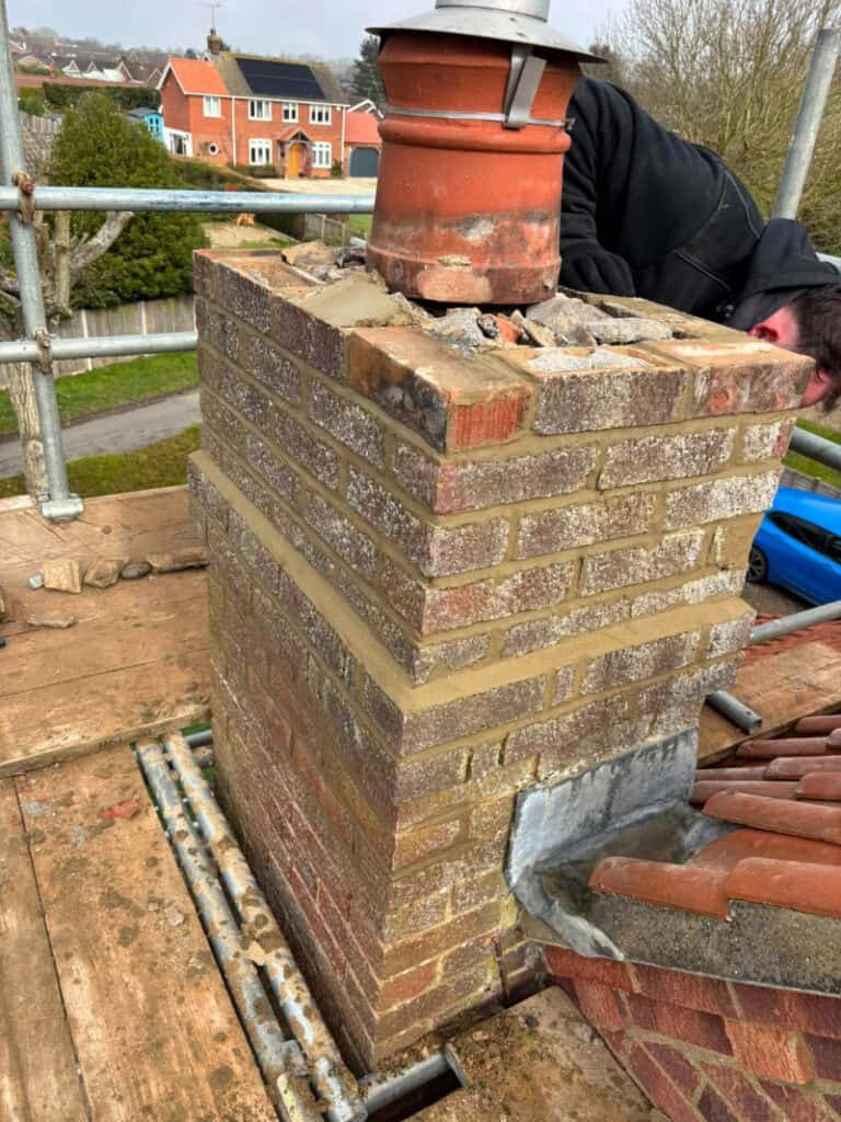 Rebuilt brick chimney stack on a property in Norfolk