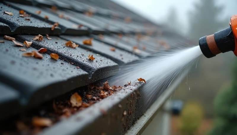 Close-up of a gutter being jet washed clean in Norwich