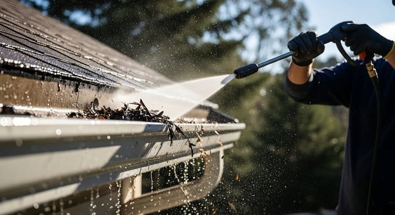 Gutter being jet washed clean on a roof in Dereham